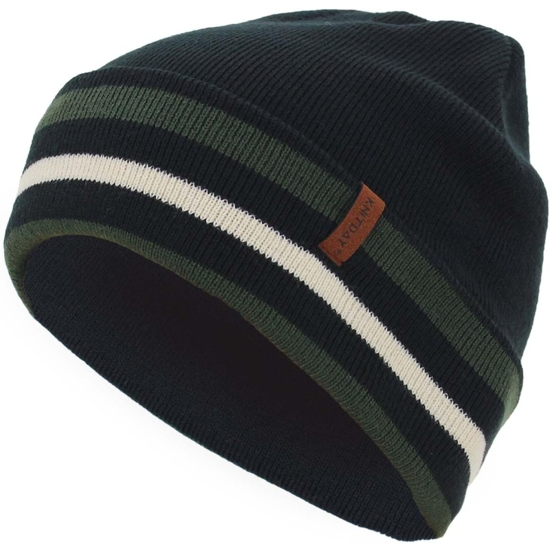 KNITDAY Men's Black Cuffed Running Golf Beanie Winter Hat for Men, Knitted Stripes Headband Pattern Cuff Beenie Skull Cap